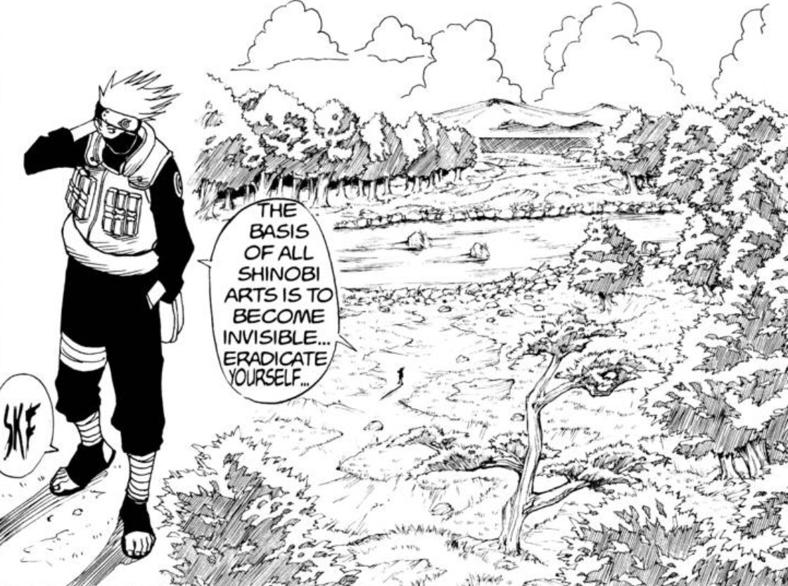 Like that Kakashi is talking about becoming invisible and the background fades out entirely behind him without any use of gutters, reflects both a shift in camera focus and underscores his point.  #Grantuto