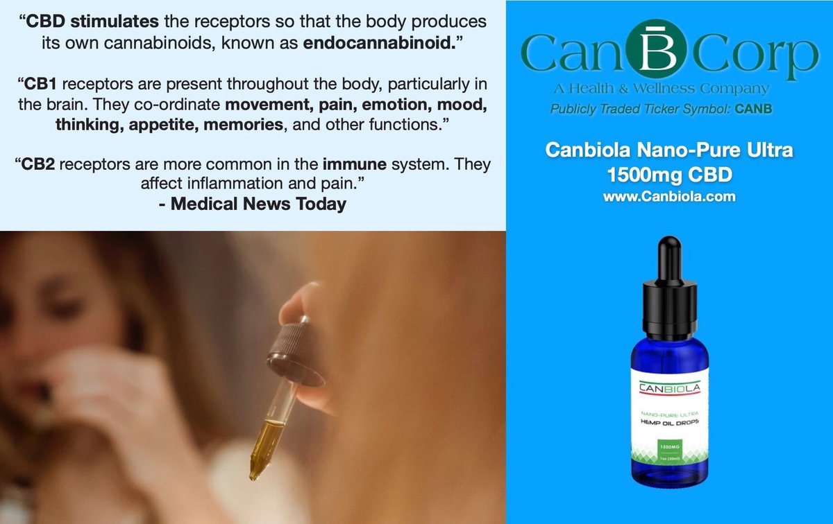 CanBCorp's tweet photo. https://t.co/fZY3F2aSnD 
CBD stimulates the bodies cannabinoids
“CB1.. co-ordinate movement, pain, emotion, mood, thinking, appetite, memories.. 
CB2.. immune system, inflammation and pain.” - Medical News Today
#Health and #Wellness #Stock - Can B Corp․ (OTCQB: $CANB) https://t.co/d50fcWJ70i