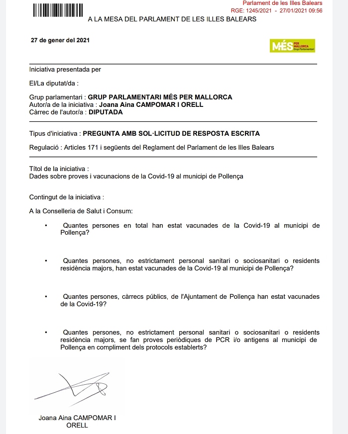 mes_pollenca's tweet image. ⚠️ La diputada Joana Aina Campomar de Més per Mallorca i regidora, demana transparència en la vacunació al nostre municipi i garanties que s&apos;han complert. Per això vol saber quantes persones s&apos;han vacunades❗

#transparencia #vᴀᴄᴜɴᴀcᴏᴠɪᴅ19 #privilegis #pollença