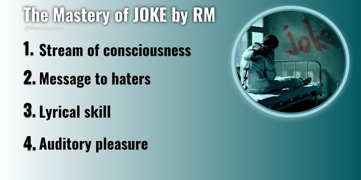 Four elements make Joke a true rapper's masterpiece. Namjoon creates a rhythmic lyrical stream of consciousness to beat down on his critics. It is often misconstrued that the lyrics of Joke have no real meaning, that is FALSE! There's a lot to unpack in the song + #RM