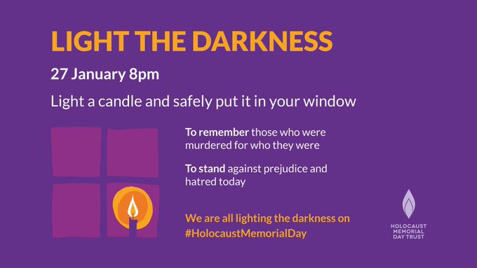 DTA_History's tweet photo. We will light a candle and safely put it in our windows at 8pm this evening – to remember those who were murdered for who they were. To stand against hatred and prejudice in the world today. 
#HolocaustMemorialDay 
 #LightTheDarkness 
@HMD_UK https://t.co/yGiMkSazyg