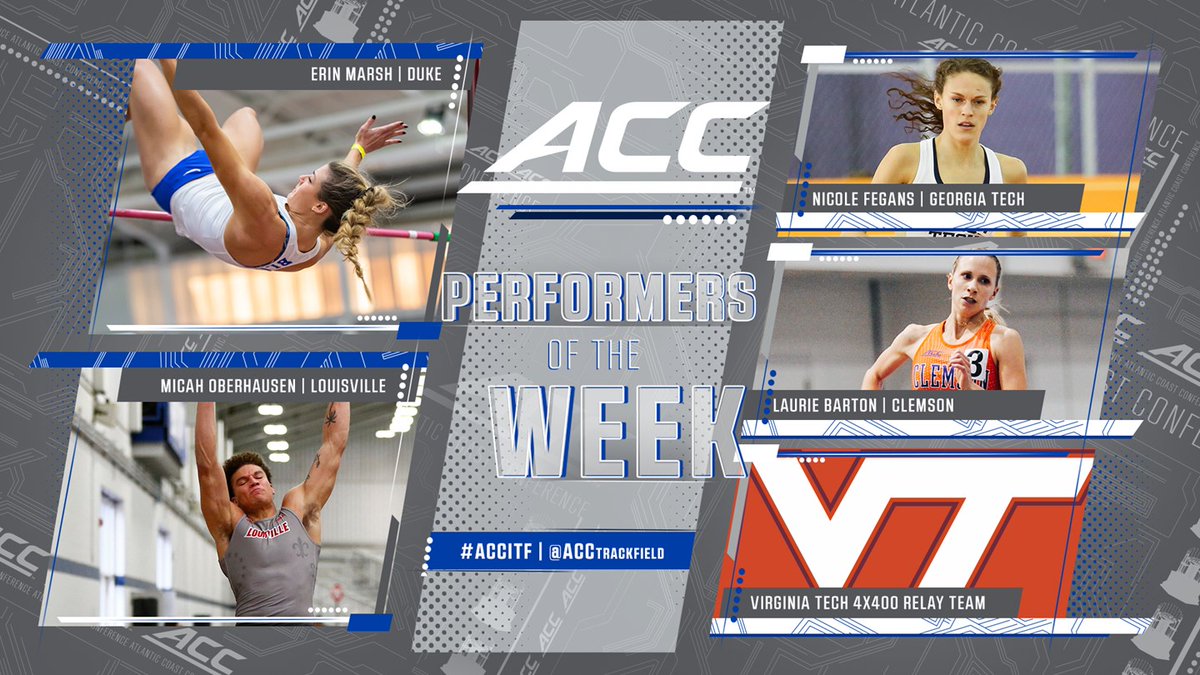 ACCTrackField's tweet photo. Congrats to this week's #ACCITF Performers of the Week! 

😈 Erin Marsh
🔴 Micah Oberhausen
🐅 Laurie Barton
🐝 Nicole Fegans
🦃 Virginia Tech 4x400 Relay Team

Read more: https://t.co/P55jAFlugJ https://t.co/bXENhFzS1I