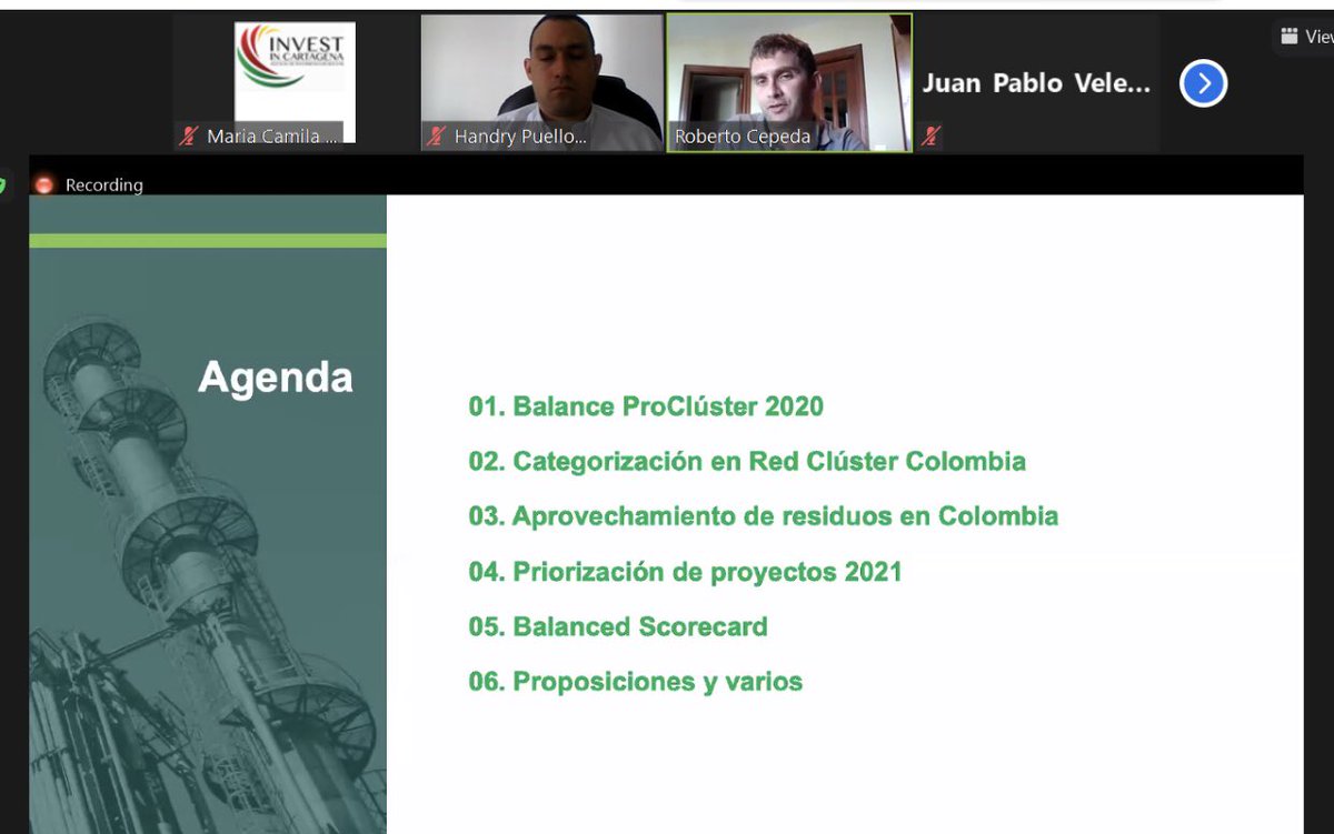 CamilaSalas's tweet image. Ahora en Comité Ejecutivo del Cluster PQP liderado por @camcartagena revisamos plan de trabajo y proyectos priorizados para 2021.Desde @investcartagena seguiremos trabajando en las mejoras del ambiente de negocios,promoción e internacionalización del Cluster PQP de talla mundial.