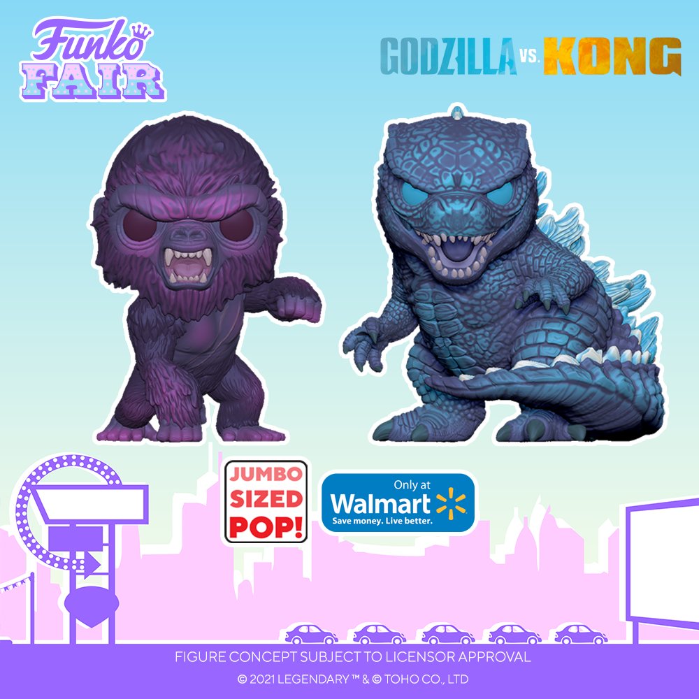 Funko's tweet photo. Funko Fair 2021: Godzilla vs. Kong. Prepare for the epic showdown of the fearsome Godzilla and the mighty Kong. Pre-order your favorites now! https://t.co/tEXVXciGZO #FunkoFair #Funko #GodzillaVsKong @GodzillaVsKong https://t.co/42Mfr9VLQA
