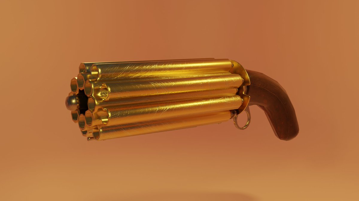DjDepressive's tweet photo. Made a 16-barrel pistol :P Whatcha think? https://t.co/3Lx1JBhGgI #blender #b3d #3d #3dmodeling #gun #pistol #render #golden https://t.co/TBkHa8ATcw