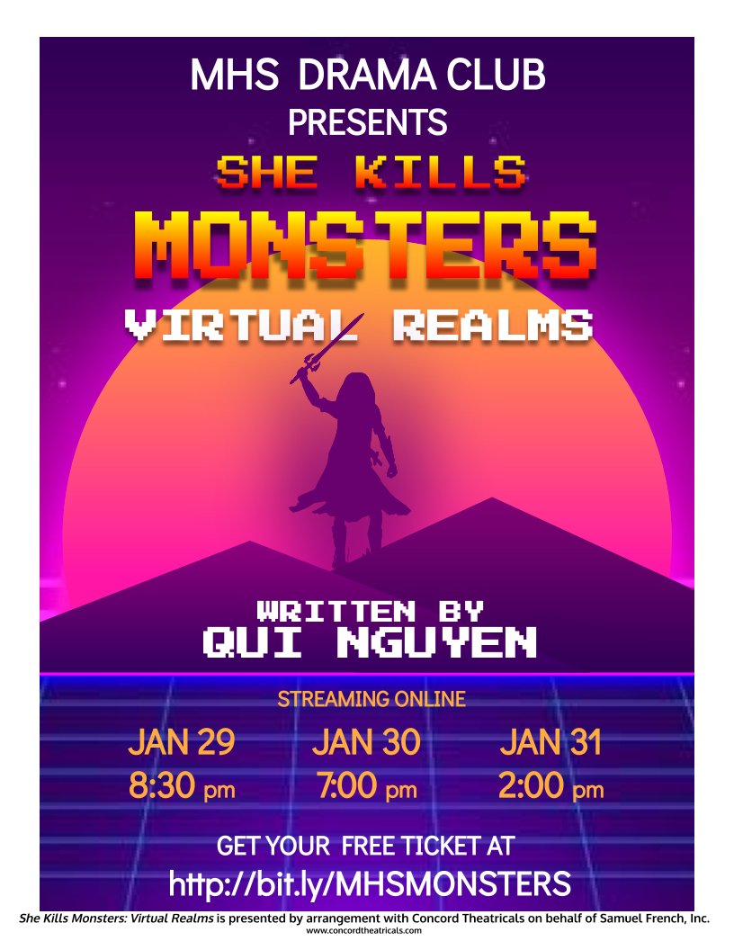 MedinaBeesPAC's tweet photo. Catch the world premier of MHS Drama Club's virtual production of "She Kills Monsters" this weekend, starting THIS Friday! https://t.co/u7xYrbZu1z