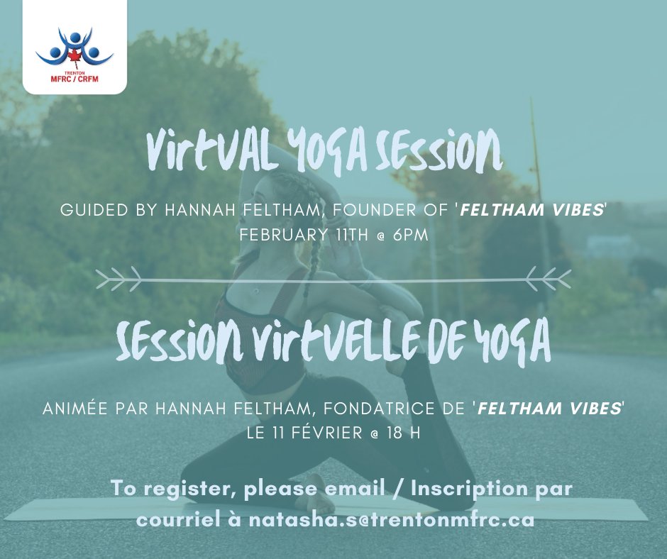 TrentonMFRC's tweet image. Are you looking for a new way to stay active during the winter months? Join us for a free virtual yoga session guided by ‘Feltham Vibes’! Participants from all experience levels are welcome to join. Register by Feb. 8, natasha.s@trentonmfrc.ca.
felthamvibes.com.