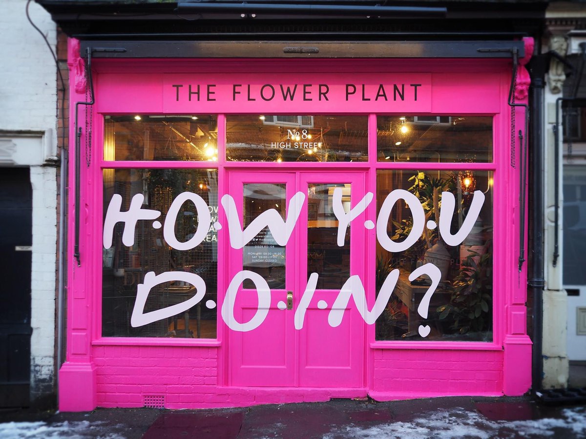 coolasmedia's tweet photo. We all need a sprinkle of colour! @theflowerplant on High Street in Sileby has unveiled their newest exterior design this week, inspired by FRIENDS. It might be a chat up line in the series, but it's probably never been more important to ask someone how they're doing! Cont 1/2 https://t.co/EzNFgjvceT