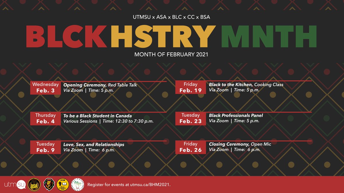 myUTMSU's tweet photo. Join the UTMSU, Caribbean Connection, Black Literature Club, African Students' Association, &amp; Black Students' Association in celebrating, embracing and honouring the legacy of Black Canadians, past and present throughout the month of Feb! Register here: https://t.co/NOJUvWFU5Y https://t.co/lktqsqCWk6