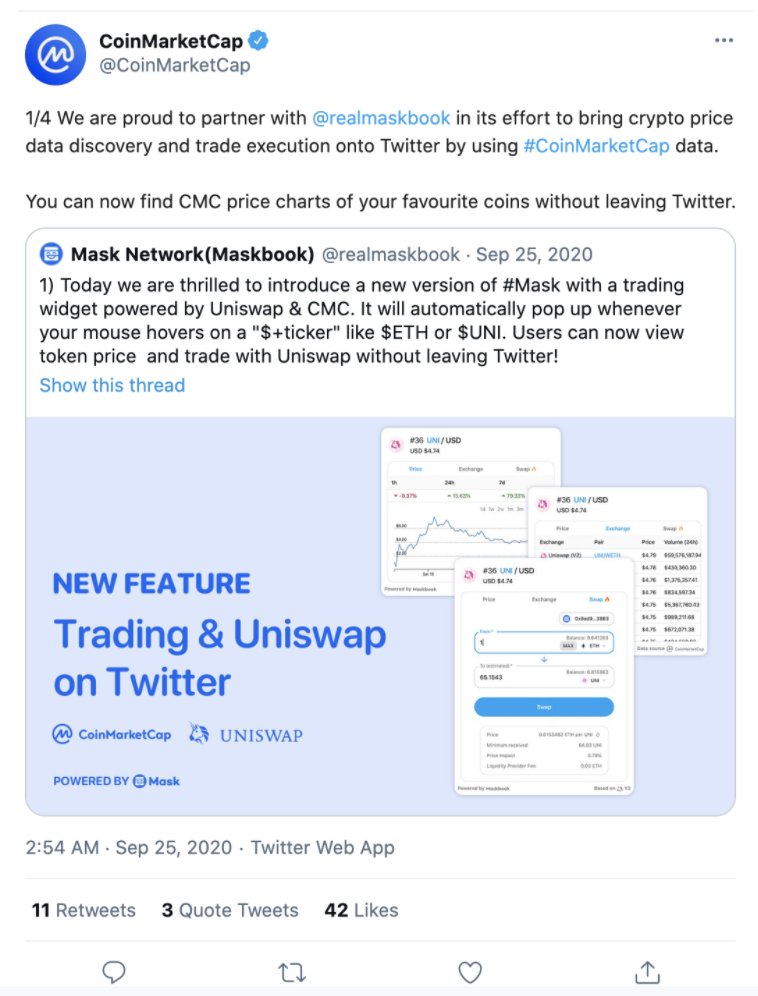 With the infrastructure built by  @realmaskbook , you can hover your mouse onto cashtags like  $mAAPL or  $UNI, view price charts by  @cmc and  @coingecko, and trade directly via  @uniswapprotocol  @0xproject or  @sushiswap. Stocks are supported through  @mirrorprotocol. 13/n