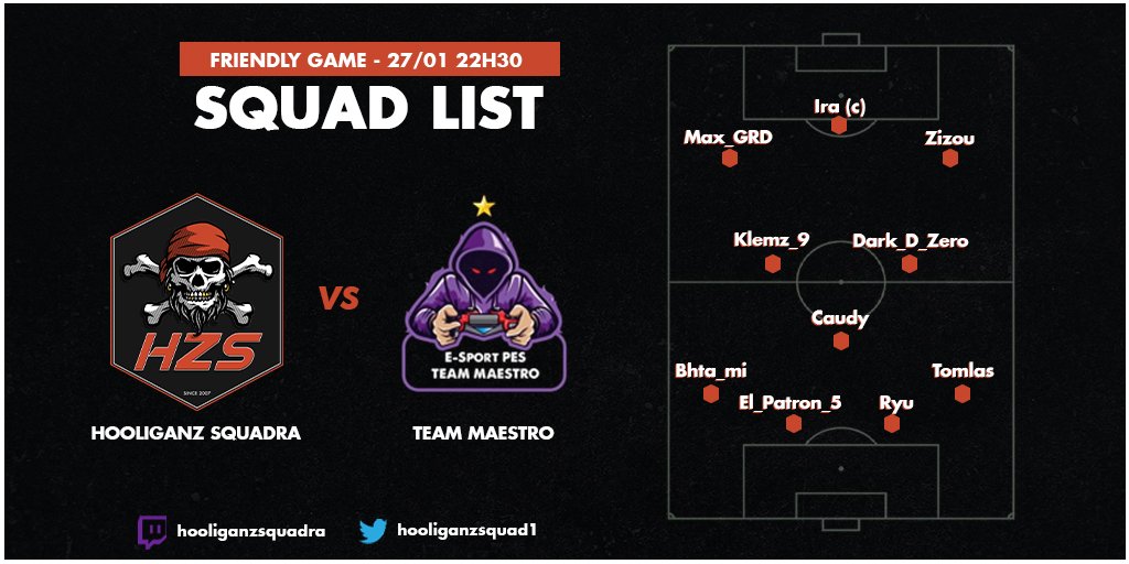 Retrouvez nous ce soir pour un ultime match de préparation entre les deux équipes 🇨🇵 françaises qui débuteront demain leur championnat en @eFootball_10v10 🔴⚫

🎥 Rendez-vous à 22:30 sur m.twitch.tv/hooliganzsquad…

🏴‍☠️

#eFootballPES2021 
#10vs10
#cocorico