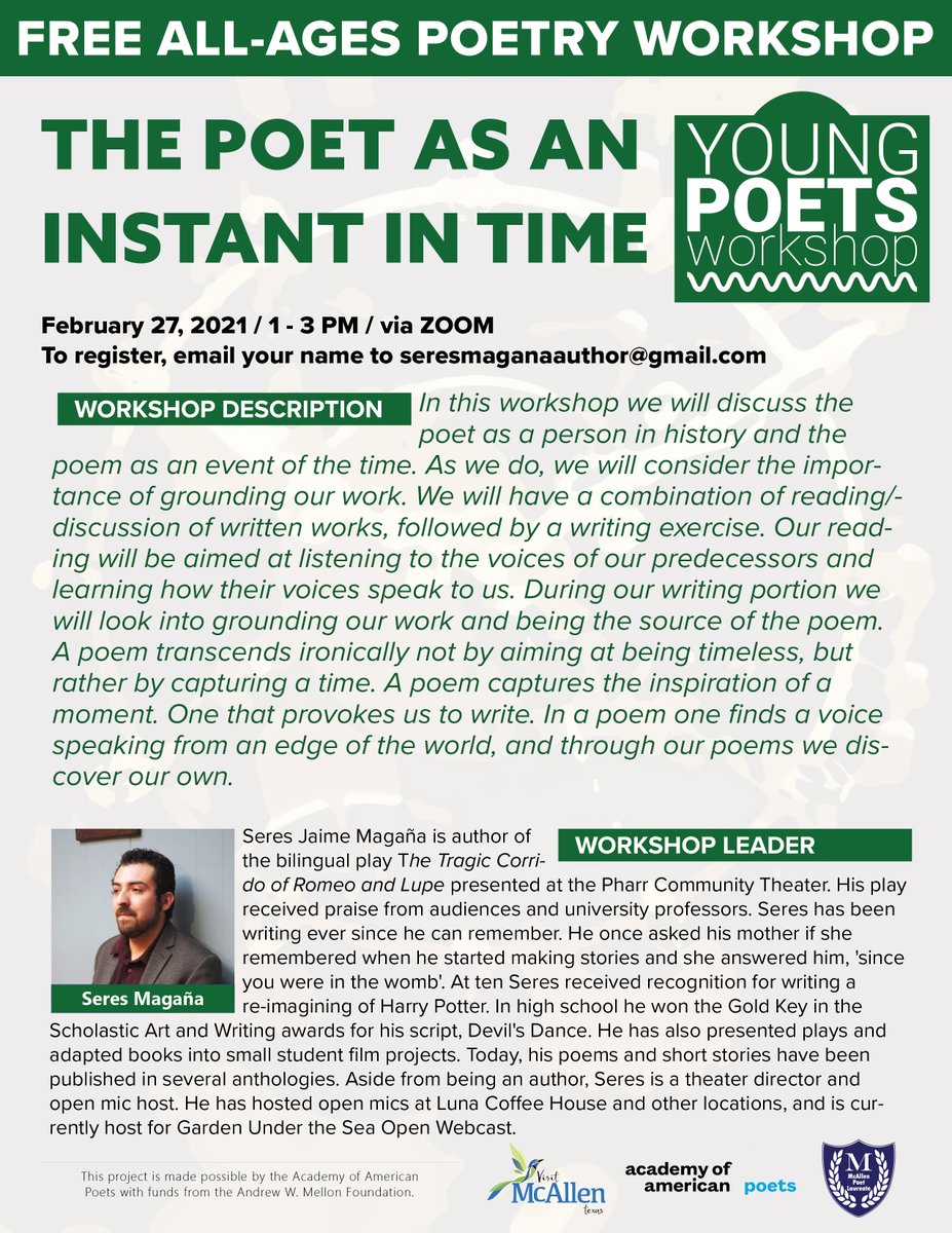 McAllenPoet's tweet photo. We're excited about our next FREE workshop!  Join RGV poet &amp; playwright Seres Magana in what promises to be a fun exercise in craft. Email seresmaganauthor@gmail.com to register. https://t.co/jkODwzzmXY
