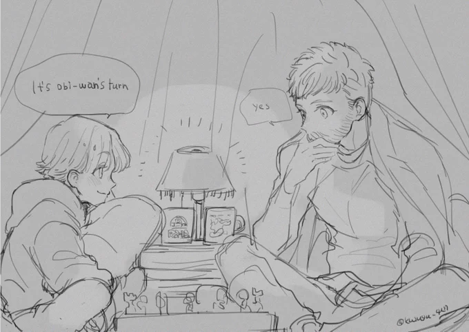 ルークとオビワン|Luke&amp;obi-wan

AU
部屋の隅っことかにシーツとかを吊るしてひっぱってテントみたいなの作ってチェスとかしてほしい妄想らくがき
(チェスのルールよーしらんけど 