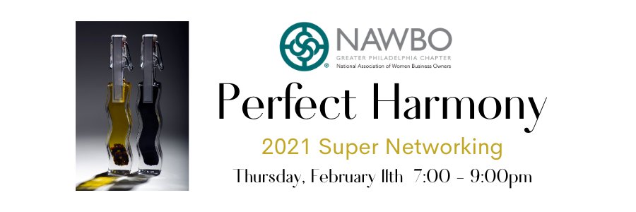 Join <a href="/NAWBOPhilly/">NAWBO Philadelphia ♀️</a> annual SUPER Networking Event, reimagined for 2021—PERFECT HARMONY! Our host is <a href="/RishonaMyers/">Rishona Myers</a>, of <a href="/Olive_Lucy2531/">Olive Lucy</a>. After the tasting, we’ll move into #networking to make new connections &amp; catch up with friends! fb.me/e/15YAESA3W
 #Entrepreneurship #women