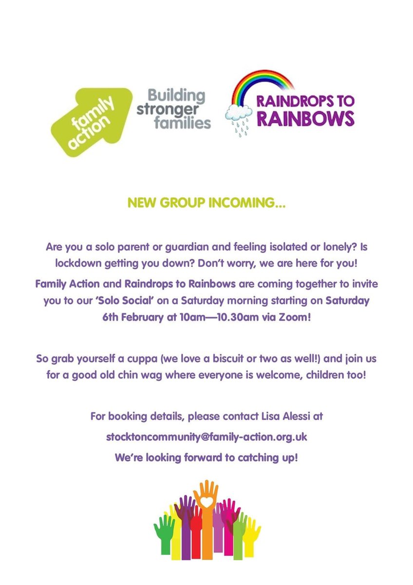 🌈 NEW GROUP 🌈

We are excited to announce our new partnership with Family Action 🎉

Our first group to launch this exciting new partnership is a brand new virtual group, Solo Social, for solo parents! 

We hope to see you there!