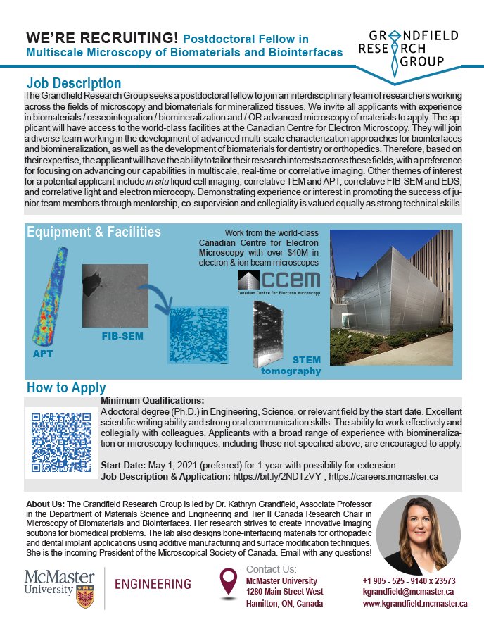 MSE_McMaster's tweet image. Hot off the press - the Grandfield Research Group is hiring and looking for a Postdoctoral Fellow to start as early as May! Check out the brochure for more details and posting here: bit.ly/2NDTzVY