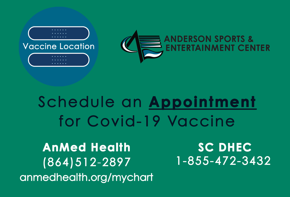 ACSCGov's tweet photo. Anderson County is excited to assist AnMed Health and SC DHEC with the vaccine rollout in our community. 
PLEASE  CALL ANMED OR DHEC to schedule your vaccine before you arrive at the Civic Center. 

#plugintoanderson
#centerofitall 
#andersonsc https://t.co/URnAJ94ac7