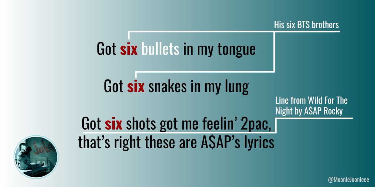 Namjoon asserts his skill and superiority, but while haters are "dirty-tongued" as he said above, in the next lines Joon has 6 bullets in his tongue, or 6 BULLETproof boys  #BTS, he is not alone. He gives a nod to 2pac and A$AP Rocky, his hiphop influences. + #RM