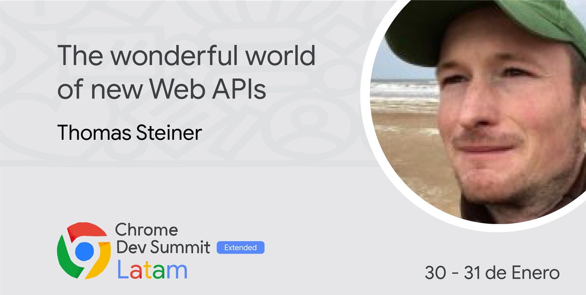 GDG La Paz (@gdglapaz) on Twitter photo Thomas Steiner is a Developer Advocate at Google Hamburg, focused on making the Web a better place through standardization, creating and sharing best practices, and doing research. <a href="/tomayac/">Thomas Steiner</a>
#CDSExtendedLatam
➡️Registrate en: bit.ly/ChromeDevSummi… Thomas Steiner is a Developer Advocate at Google Hamburg, focused on making the Web a better place through standardization, creating and sharing best practices, and doing research. <a href="/tomayac/">Thomas Steiner</a>
#CDSExtendedLatam
➡️Registrate en: bit.ly/ChromeDevSummi…