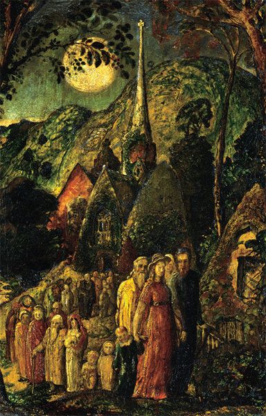 ContMr Palmer had little formal training or schooling but began painting churches around age 12 & first exhibited works at Royal Academy age 14. Led circle of young painters known as The Ancients, (name reflected their desire to revive an artistic golden age from ancient past.