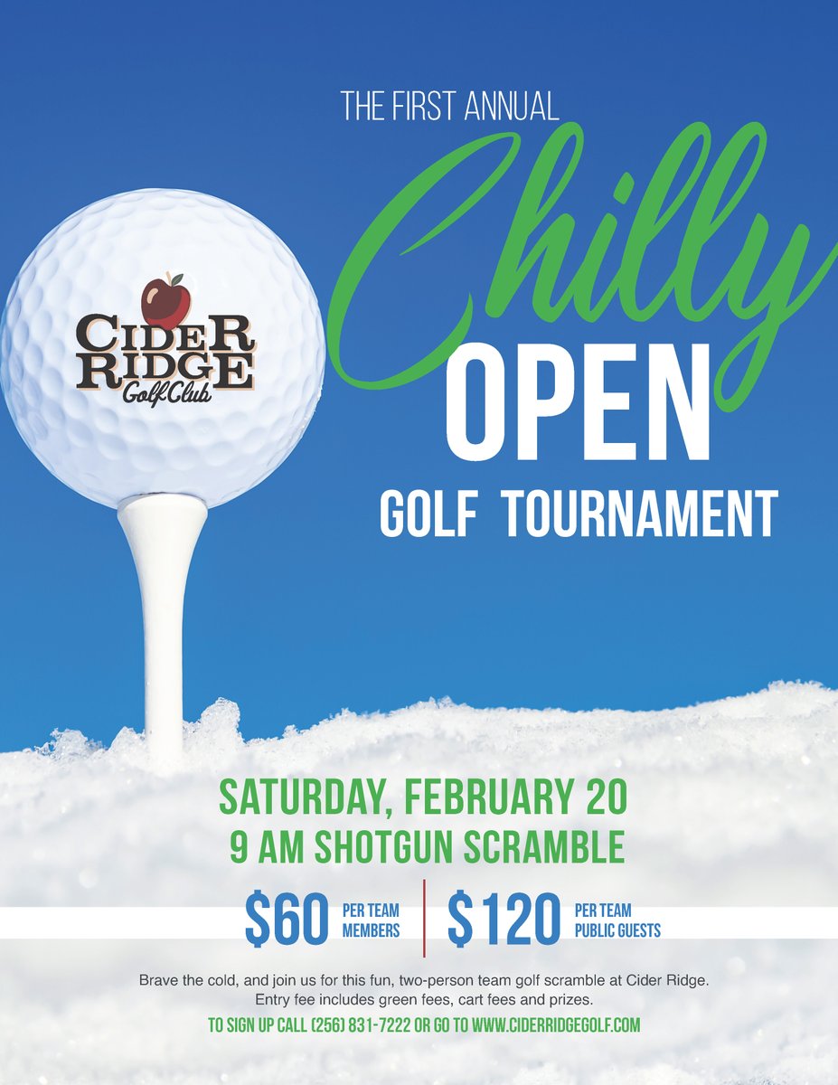 Mark your calendar for Saturday, February 20, 2021. We're hosting a super fun, 2-person team golf scramble at Cider Ridge. Call 256-831-7222 for more information &amp; to sign up.