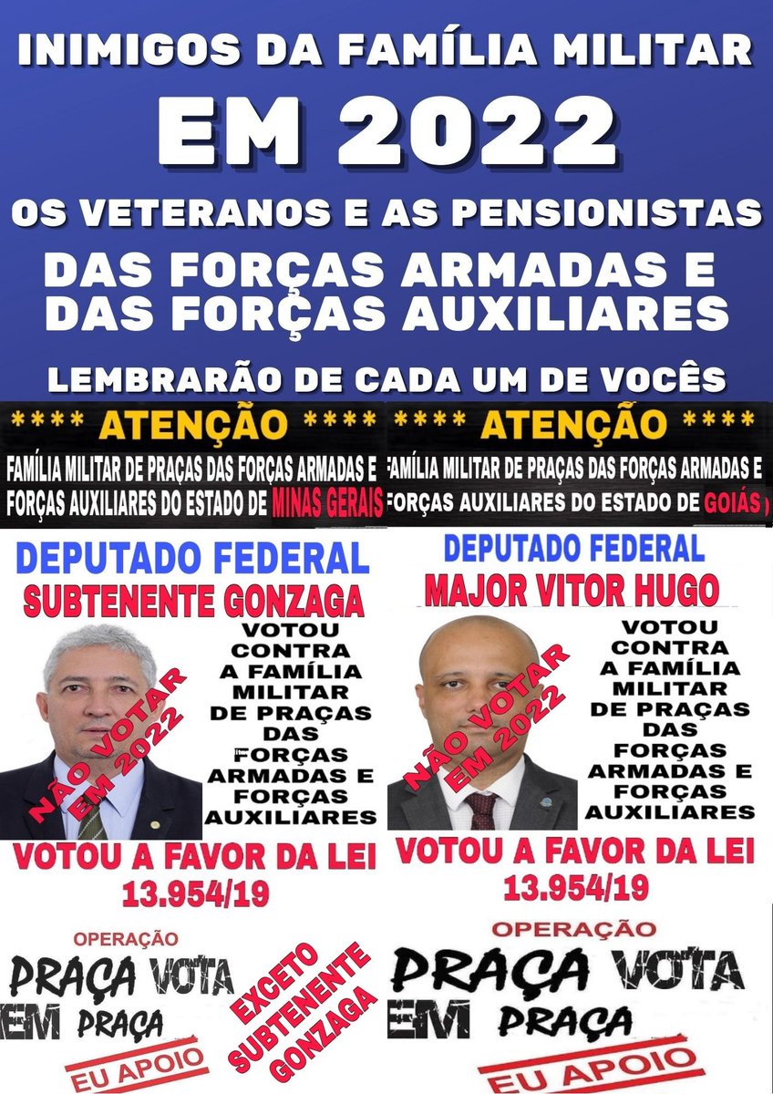 EliezerMaciel1's tweet photo. @MajorVitorHugo Passado 1 ano da promulgação da #leidomal13954, os graduados da reserva e suas pensionistas repudiam essa perversa lei. As vidas dos PRAÇAS e das PENSIONISTAS DAS FFAA e das Forças Auxiliares, IMPORTAM. Será que não merecemos que corrijam as injustiças dessa lei? https://t.co/lC1FYDW2EH