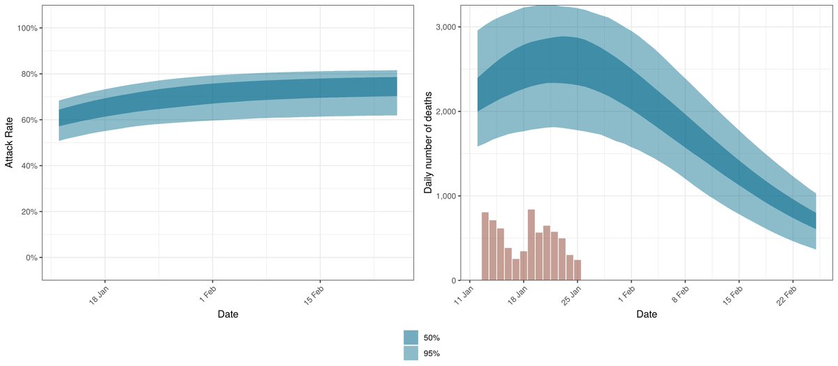 SA COVID-19 model updated: I have not tweeted about it in some time. So as a reminder the model is calibrated to 90% of excess deaths from the MRC (up to 16 January).  https://lrossouw.github.io/covid-19/modelling_covid-19_in_south_africa_at_a_provincial_level.htmlAttack rate and predicted deaths shown in charts below (blue - model)