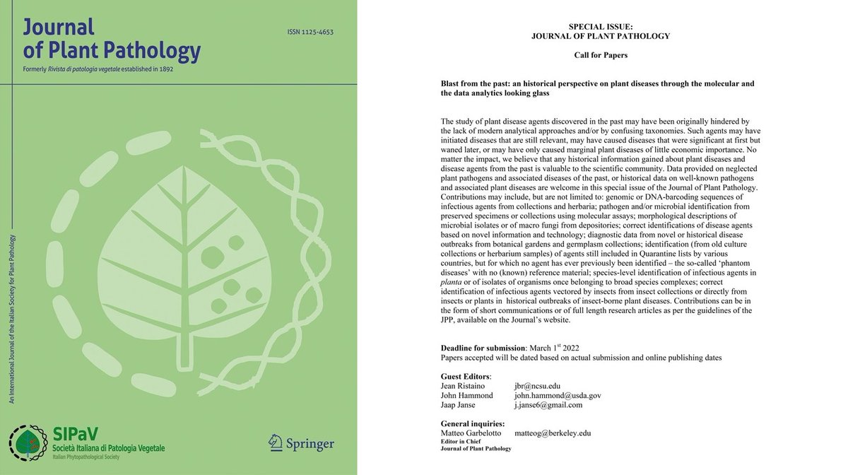 The 'Journal of Plant Pathology' calls for papers for its next special issue "Blast from the past: an historical perspective on plant diseases through the molecular and the data analytics looking glass" springer.com/journal/42161 <a href="/SIPaV1992/">SIPaV</a> <a href="/SpringerPlants/">Springer Plants</a>