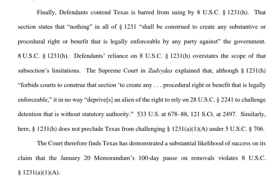 5/ But that's an illegitimate move, because here Texas's claim is that the moratorium "should be set aside pursuant to Sec 706 of the APA bc it violates 8 USC 1231(a)." 706 & 2241 are just vessels pointing elsewhere. So J Tipton's short shrift reasoning is legally erroneous: