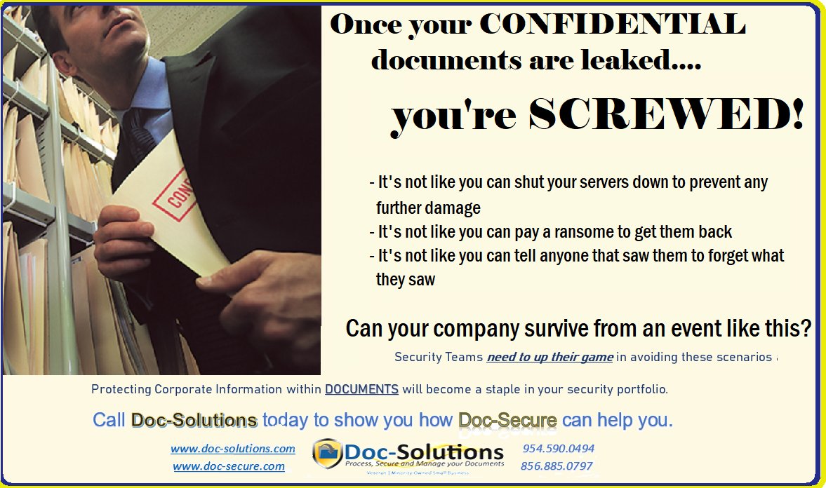 DocSolutions_'s tweet image. Prevent copying, saving, printing, even watermark documents for the prevention of stealing.  Insider theft, the trusted employee.... is on the rise &amp;amp; should not be overlooked!   We can discuss how easily &amp;amp; affordable this can be prevented.  Call today @ 856.885.0797