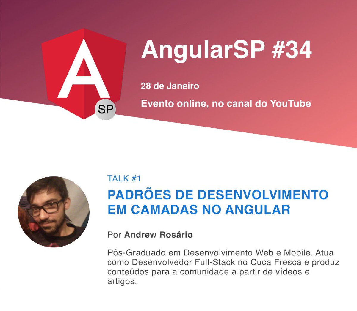 AngularSP's tweet photo. É amanhã!👏🎉
Estão preparados para o nosso primeiro meetup #AngularSp do ano?
Pra iniciarmos com pé direito, teremos a talk do @andrewarosario falando sobre Padrões de desenvolvimento em camadas no #Angular. Então, não esqueçam: amanhã (28/01) às 19h, no nosso canal no Youtube! https://t.co/DFXoUtqgEO