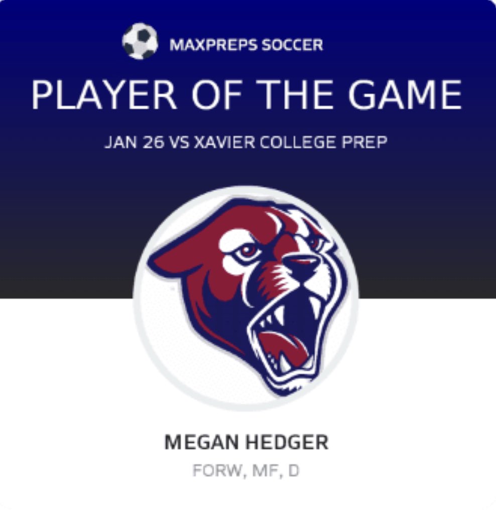 MamaMel_1's tweet photo. Congrats to Megan Hedger for being named last nights player of the game against Xavier. Megan scored the lone goal of the game to give Perry the W! Congrats to Megan and all the girls on a hard fought game! @perry_pumas @PumaGirlsSoccer @Perrygsoccer @meganhedger30 https://t.co/nqjX98dZeq