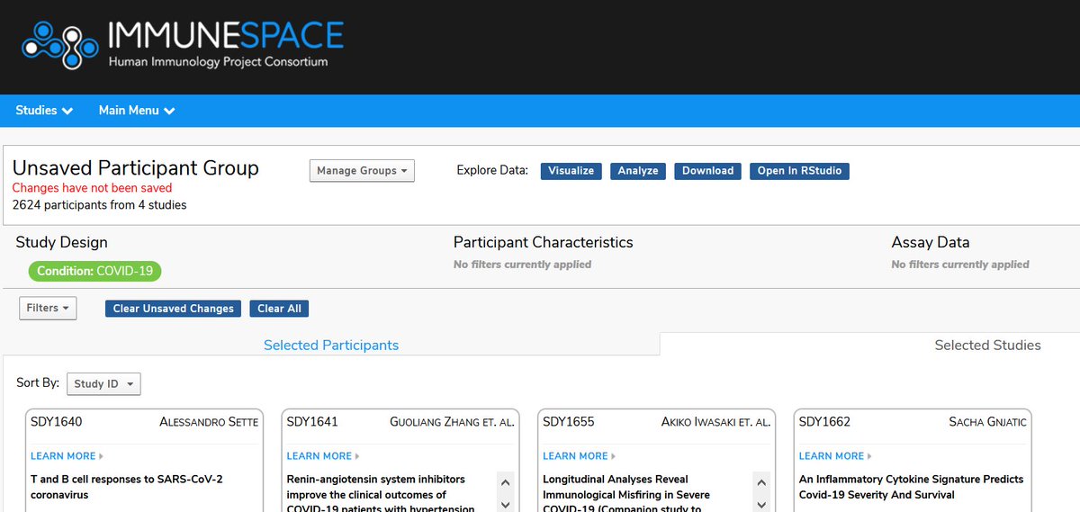 With <a href="/ImmPortDB/">ImmPort</a> data release 36, we've added 3 additional #COVID19 studies onto ImmuneSpace. Come to our platform immunespace.org to visualize and analyze this data across all our accessible studies! 
#DataScience #datasharing #immunology <a href="/hipcProject/">HIPC</a>