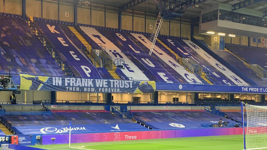WeAre_TheShed's tweet photo. We asked for the banner to stay in place for today's game in honour of Lampard and what he achieved with us 💙

We have also asked for it to be removed after tonight out of respect to Tuchel and his staff

#ThankYouSuperFrank https://t.co/cFkmzQ3gmh