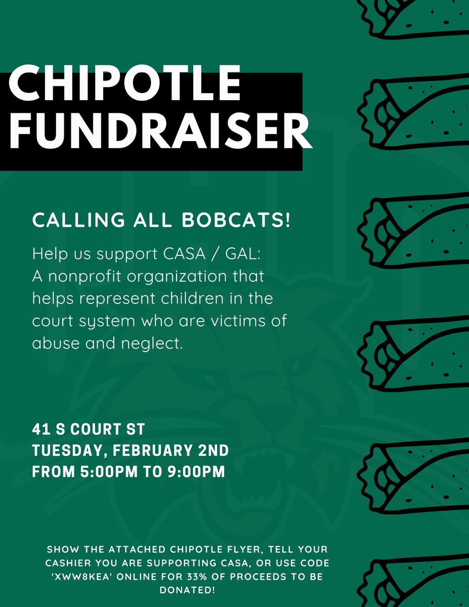 OhioSAAC's tweet photo. What’s better than Chipotle?! Chipotle for a good cause‼️

Go to Chipotle this Tuesday 5-9pm &amp; show the attached flyer to donate to CASA/GAL🌯 https://t.co/gcOJl9Y7NV