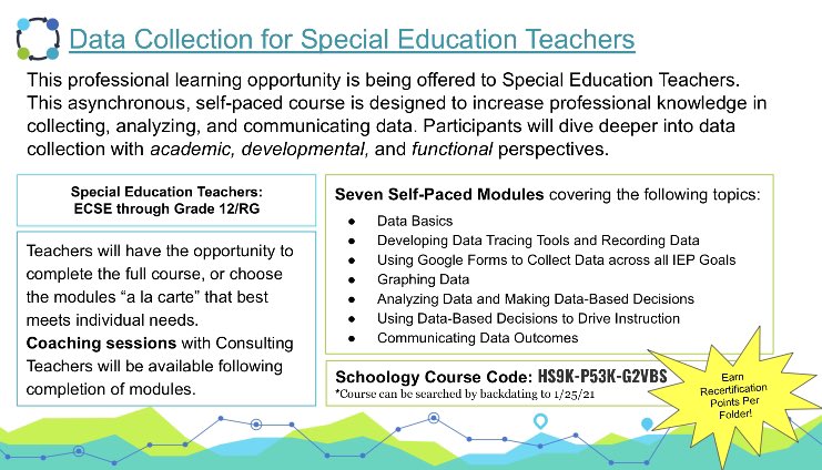 Please share this professional learning opportunity that explores why we analyze data, how to analyze data, and making data-based decisions. We will guide teachers through the process of making data-based decisions in reading and math, specifically to guide tiered instruction.