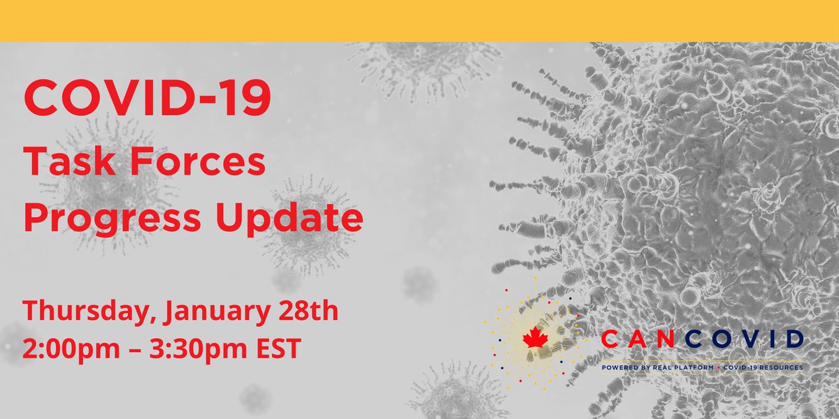 Special Event!

Join us and leaders of Canada’s COVID-19 Vaccine, Immunity, Testing, and Therapeutics Task Forces on January 28th in a live discussion about the current state of the pandemic.

More details: cancovid.ca/2021/01/covid-…

#CanCOVID #COVID