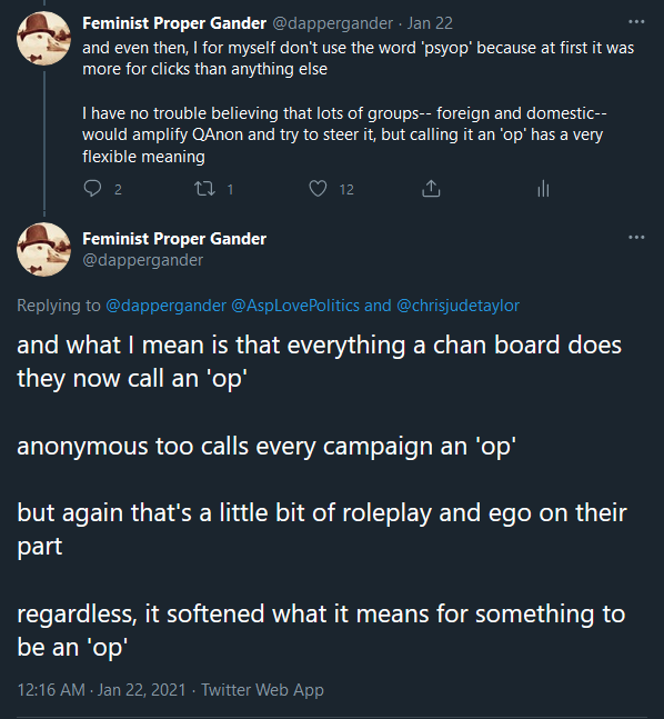 The other day I was explaining that using the word "psyop" bothered me because the term seemed to be so flexible, meaning different things to different groups.