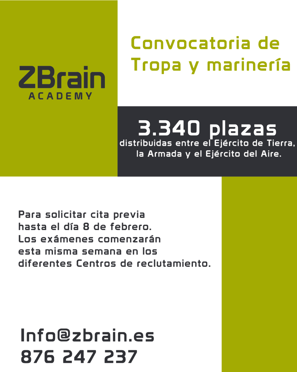 ZBrain_Edu's tweet photo. Convocatoria de #Tropaymarinaría
Ofertan 3.340 plazas distribuidas entre el #EjércitodeTierra, la #Armada y el #EjércitodelAire.
¿Quieres conseguir tu plaza?
Contacta con nosotros:
876 247 237 
Info@Zbrain.es 
#Oposiciones #empleopublico https://t.co/yyqmjkG3Hc