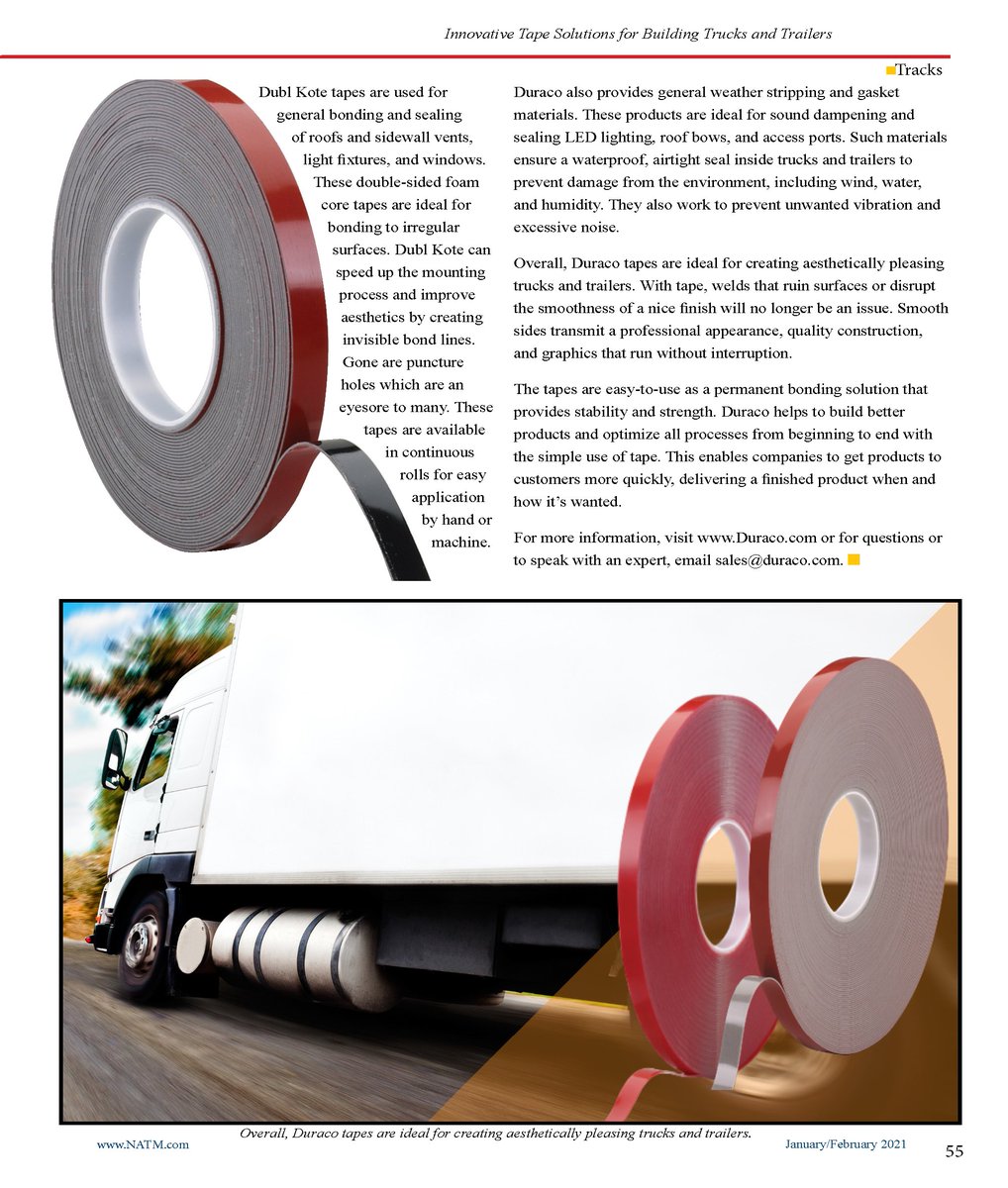 DuracoTapes's tweet image. Have you seen our latest article in Tracks Magazine?  Be sure to read up on our innovative tape solutions for manufacturing trucks and trailers.  Guaranteed smooth panels, quiet rides, and more.
hubs.la/H0FdVP70

#DuracoTapes #TapeSolutions #Trucks #Trailers