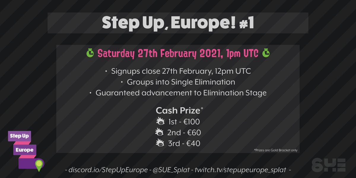 SUE_Splat's tweet photo. Clear the date, Step Up Europe's first tournament will be held on Saturday 27th February 2021, 1pm UTC!🐙

Grab your teammates and head over to our discord in our bio for more details!

Signups: https://t.co/QTJ0m5g3b3 https://t.co/eZ2fjn41OG