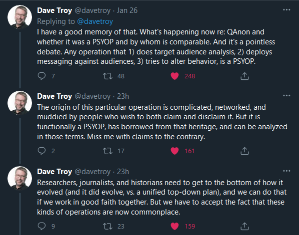 What Dave explains is pretty much what I had wondered about: that the way in which he defines the word "psyop" does not mean the same thing that QAnon believers mean when they say "psyop."