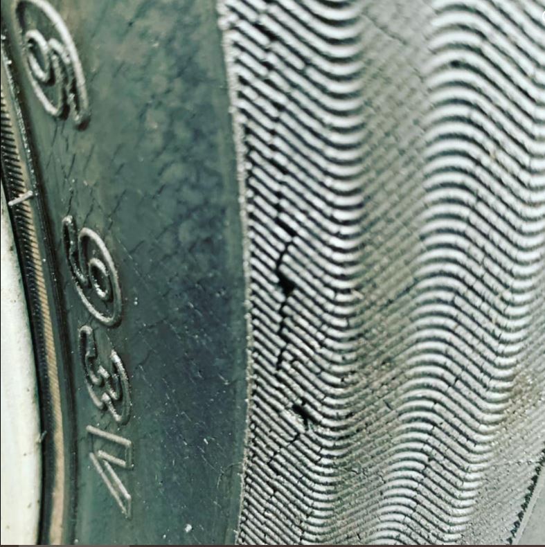 As a tyre ages it gradually loses its elasticity which can cause cracks to appear, also over or under pressurised tyres can also cause cracks which the rigidity and strength of the tyre has been compromised which can cause a blowout while driving. #HOMETYRE #wednesdaythought