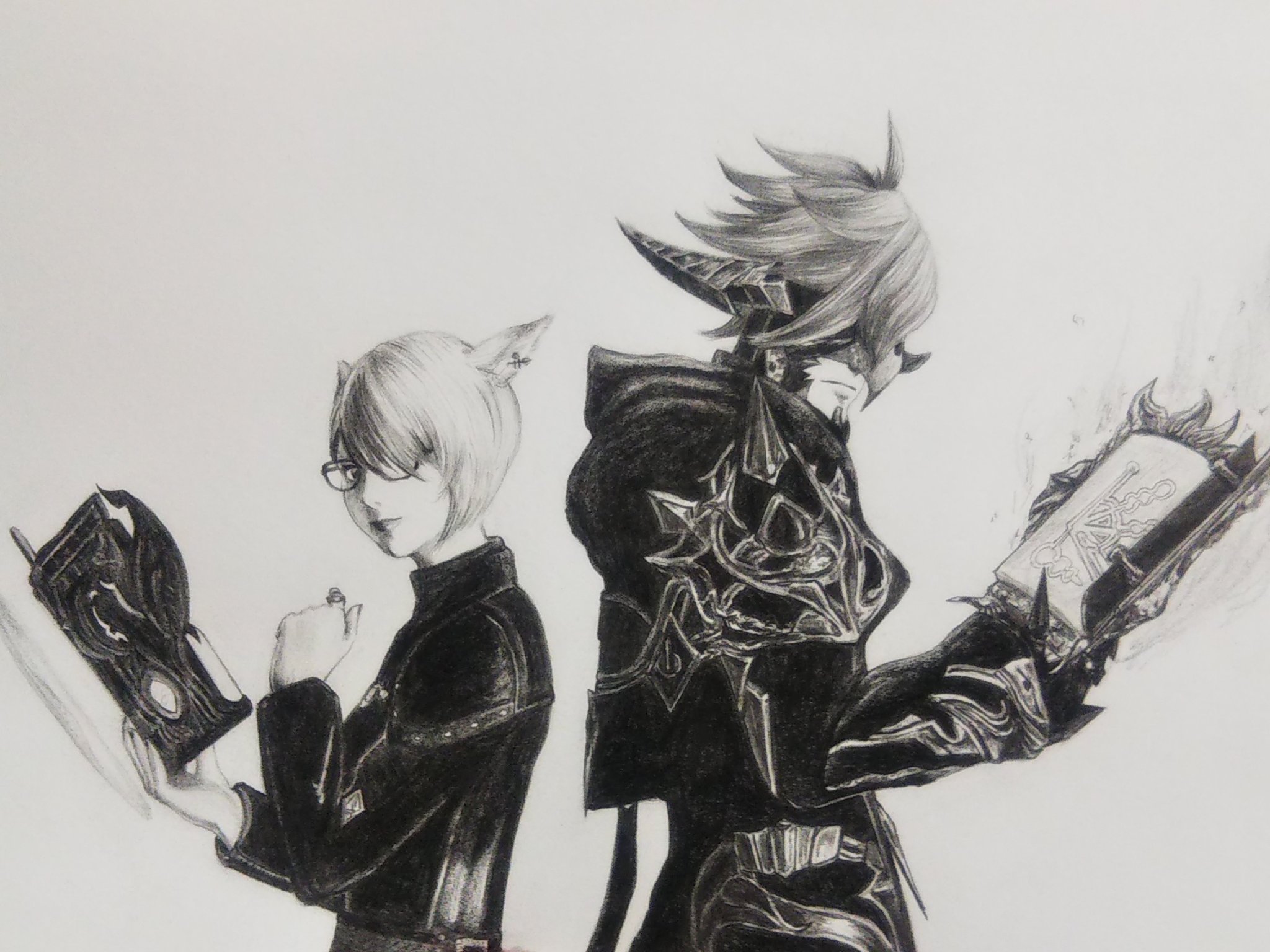 セント V Twitter 今日の１枚 召喚士と学者 二つの姿は合わせ鏡か あるいは 背中合わせか フレンドのアムさん Amlita14 ヘクさん Hexe Ff14 モデルありがとー Ff14 Ff14イラスト イラスト 鉛筆画 Pencilart Illustration Pencildrawing Summoner