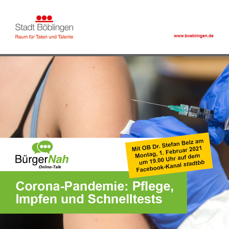 #bbmeldung: Online-Talk mit OB Dr. Stefan Belz: Bewältigung der Corona-Pandemie in Böblingen – die Leistungen von Pflegekräften, Schnelltests und Impfstrategie 🎤 💬 

#stadtbb #stadtböblingen #böblingen #dagersheim #bürgernah #onlinetalk #oberbürgermeister