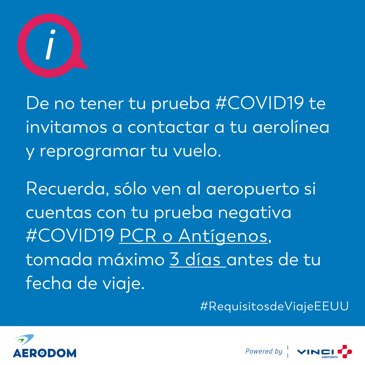 Si vas a viajar a EEUU, recuerda que hay nuevos requisitos de viaje establecidos por las autoridades norteamericanas.

Sólo ven al aeropuerto si cuentas con el resultado negativo de una prueba #COVID19, PCR o Antígenos, realizada máximo 3 días antes de la fecha del vuelo.