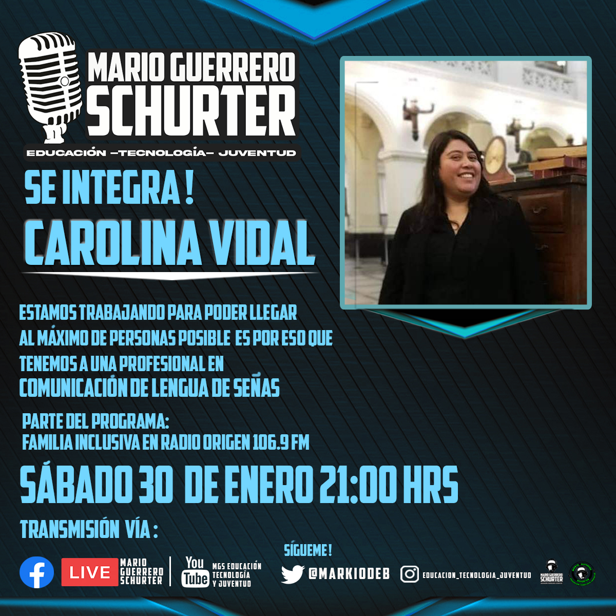 Te presentamos a Carolina Vidal, tremenda interprete de lengua de señas que se nos unió al equipo aportando con el área de inclusión del programa.

#Arica  #Chile   #inclusión #activismo #entrevistas #interprete #lenguadeseñas  #educación #tecnología #juventud
