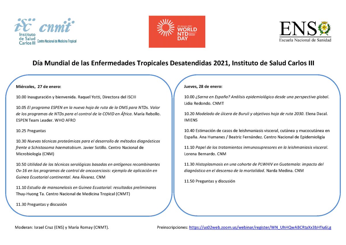 🗓️ #AgendaISCIII Tras la celebrada hoy, este jueves tendrá lugar la 2ª sesión científica online de la jornada conmemorativa #ISCIII por el Día Mundial de las Enfermedades tropicales Desatendidas.
#BeatNTDs @WorldNTDDay

📌 Preinscripciones en este enlace us02web.zoom.us/webinar/regist…