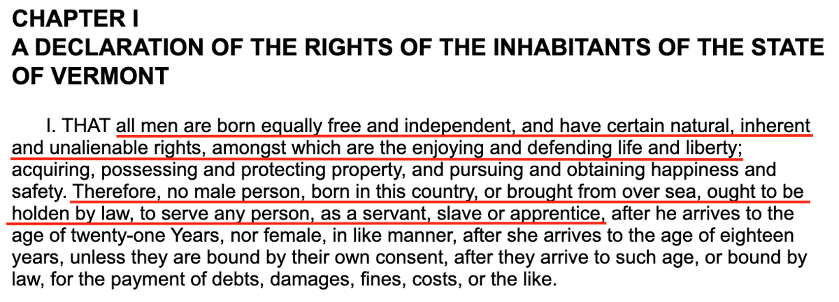 Vermont was a Republic first, and only after 14 years of freedom, became a state. The Constitution of the Vermont Republic is still a great treasure to us. Article 1 of our Declaration? Against slavery. Proudly uncomplicated.  https://avalon.law.yale.edu/18th_century/vt01.asp