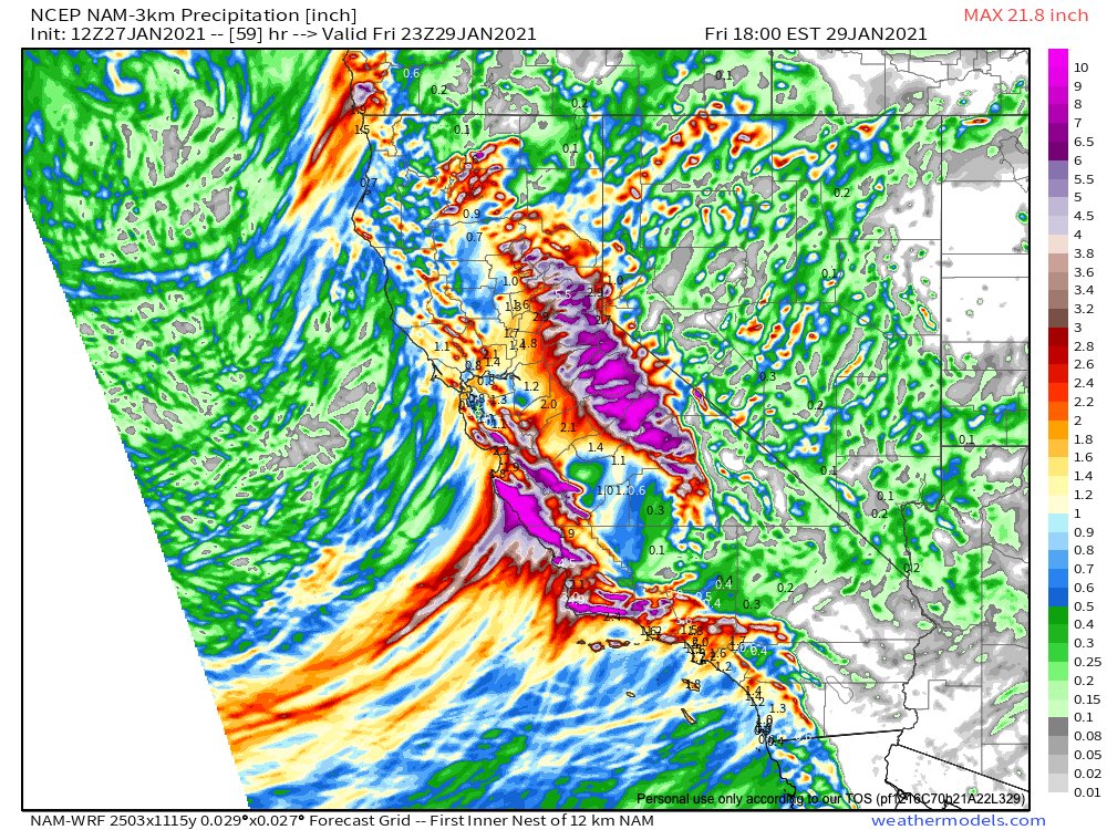 Very heavy rainfall will continue across Monterey Co for next 24 hrs (!), & concern regarding mudslide/debris flow risk remains quite high. Heavier downpours will also shift back across Bay Area. & heaviest snowfall in the high Sierra is yet to come!  #CAwx